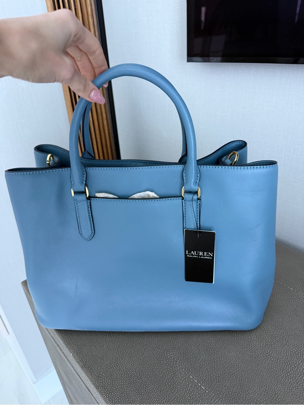 Ralph Lauren Dusty Blue Leather Tote with Gold RL Accent - Picture 2 of 3